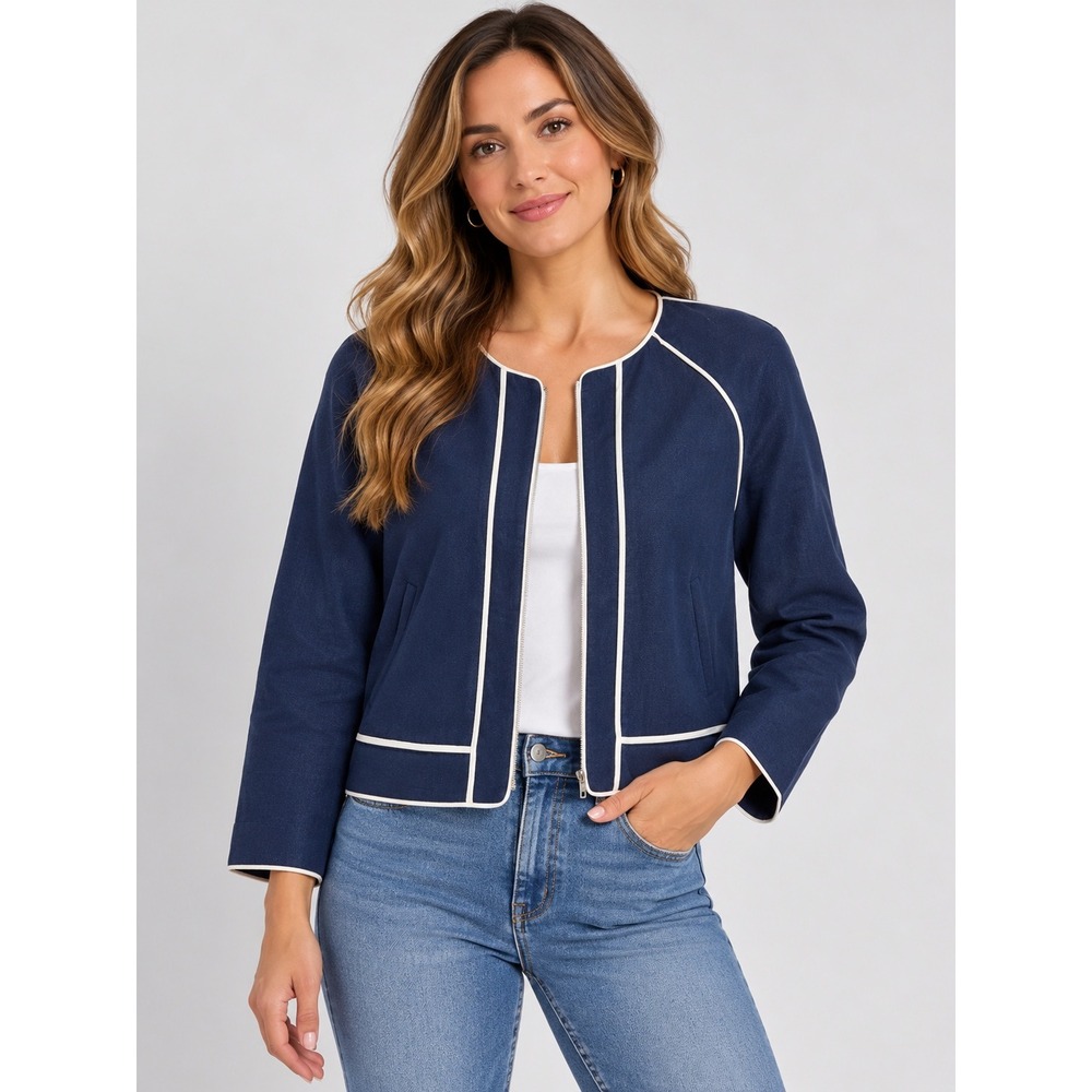 J.Crew Womens Navy Blue Linen Herringbone Zip Jacket White Piping Size 10 A4846